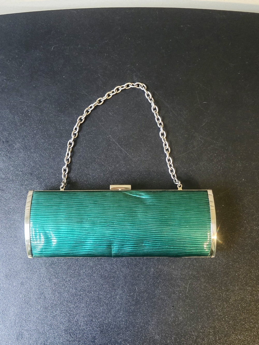 Green Metallic Cylinder Evening Bag with Chain Handle